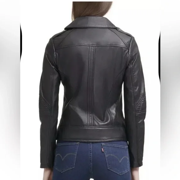 Guess Moto Black Leather Jacket with Asymmetrical Zipper Gold Ascents Size S/M - Picture 3 of 13
